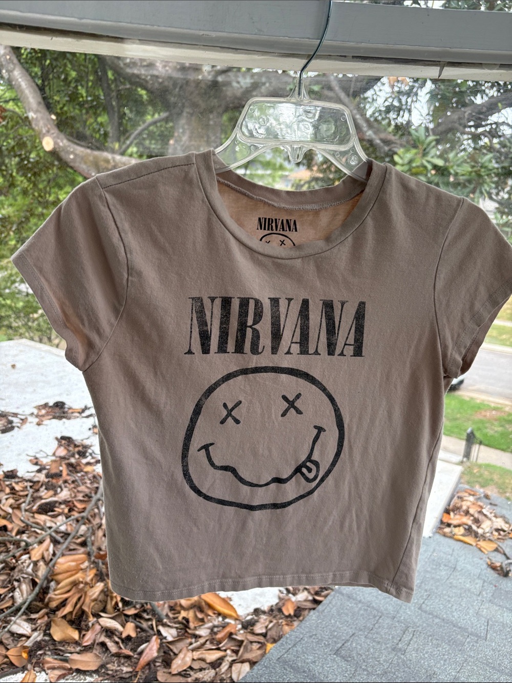 NIRVANA Taupe Short Sleeve, Cropped
 Tee with Black Smiley Logo-L